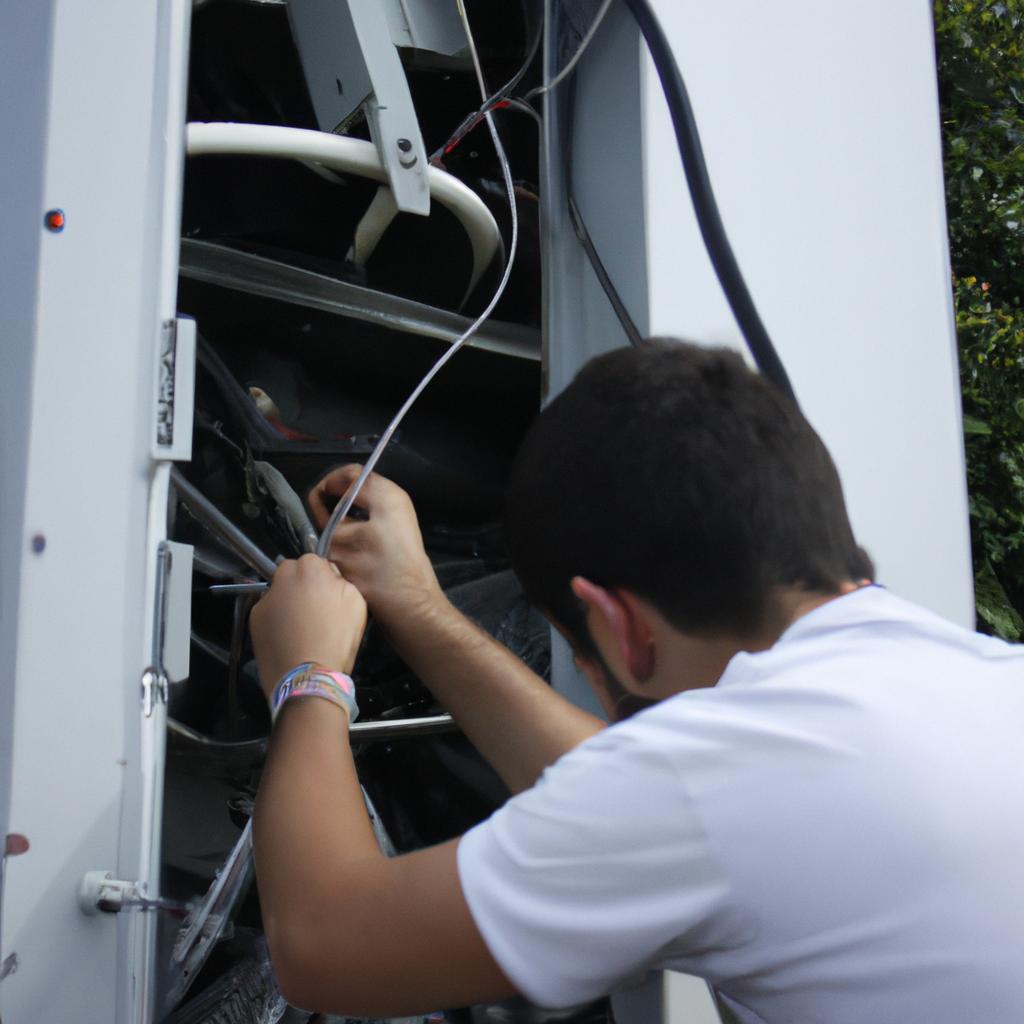 Person working on telecommunications equipment